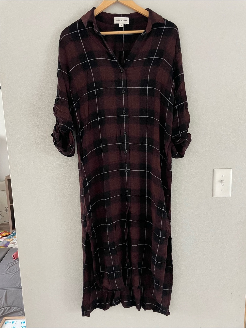 Cloth & Stone Brown & Black Plaid Maxi Shirt Dress